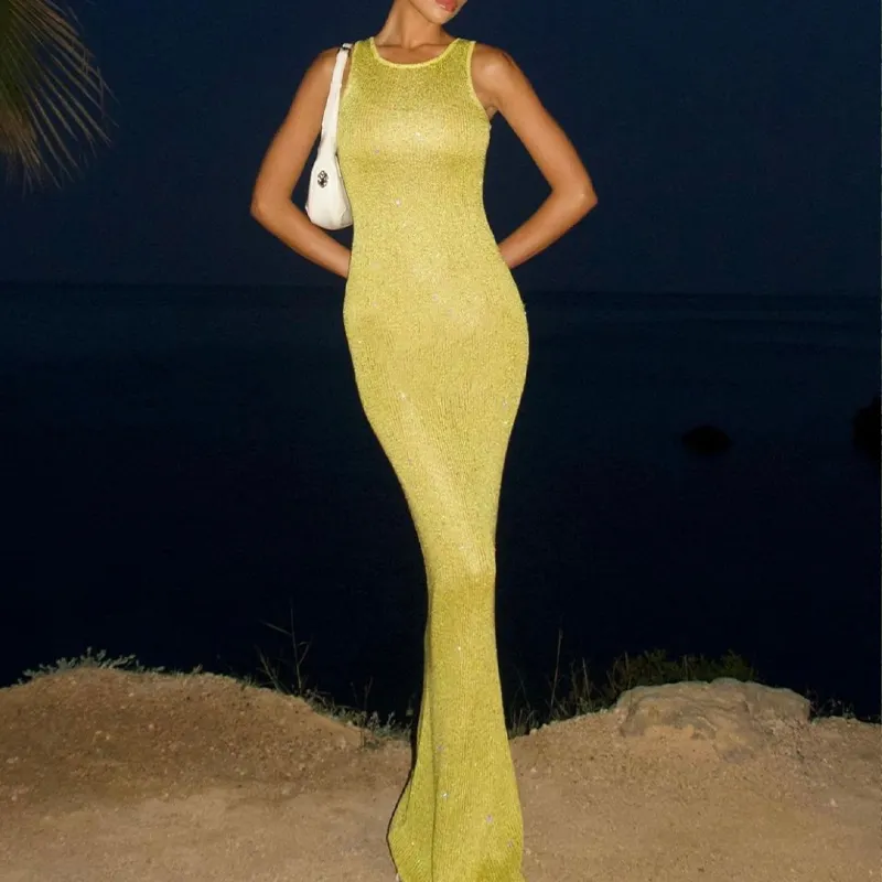 فستان بيكيني مخصص بتصميم كروشيه مناسب لقضاء العطلات والشاطئ بدون أكمام فساتين سهرة طويلة مزينة بالترتر للصيف
