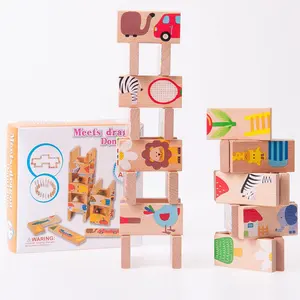批发儿童早期学习教育玩具28件木制动物多米诺拼图积木游戏