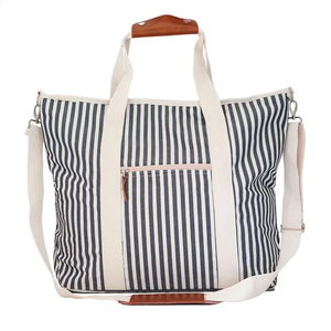 Custom Logo Popular Style Double Sided <b>Navy</b> Stripe Beach Cooler <b>Tote</b> <b>Bag</b> Foldable Portable Canvas Cooler <b>Bag</b> with Extra Pocket - Product Image 3
