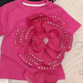 Camiseta de Verano para Niñas, Ecológica, de Algodón 3D, de Manga Corta, con Cuentas Bonitas, Cuello Redondo, Estilo Polo - Product Image 6