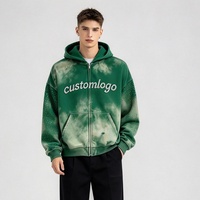 Sweat à capuche zippé pour homme, Premium Vintage, délavé soleil, délavé à l'acide, effet vieilli, avec strass, 100% Coton, molleton épais, bords bruts, style Streetwear