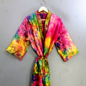 <b>Tie</b> Dye Kimono Dress Three Quarter Sleeve Loose Fit V Neck Gradient Color 100% Polyester Woven Fabric Waterproof Breathable - Product Image 1