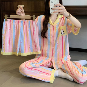 Conjunto de Pijamas Lijia Sweet Girl em Algodão Nuvem Respirável, Roupa de Três Peças com Manga Curta, Pijamas Listrados para Mulheres - Product Image 1
