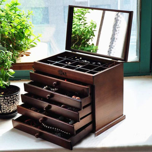 Wooden Jewelry <b>Box</b> With <b>Mirror</b> Multi Layer Drawer Storage Classic Chinese Style Jewelry Organizer Walnut Color - Product Image 4