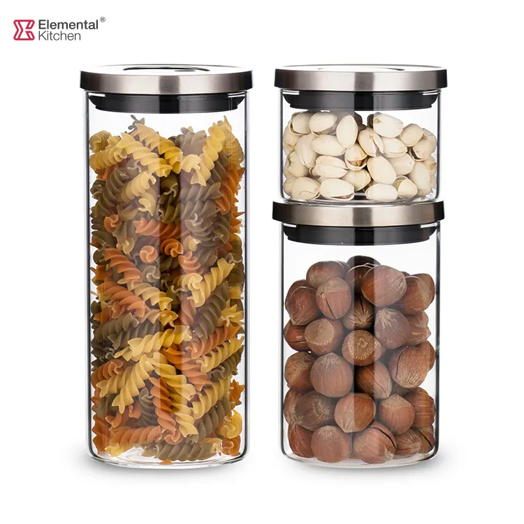 Conjunto de armazenamento de alimentos, conjunto de 4 canister de armazenamento de vidro borosilicate de metal para uso de cozinha