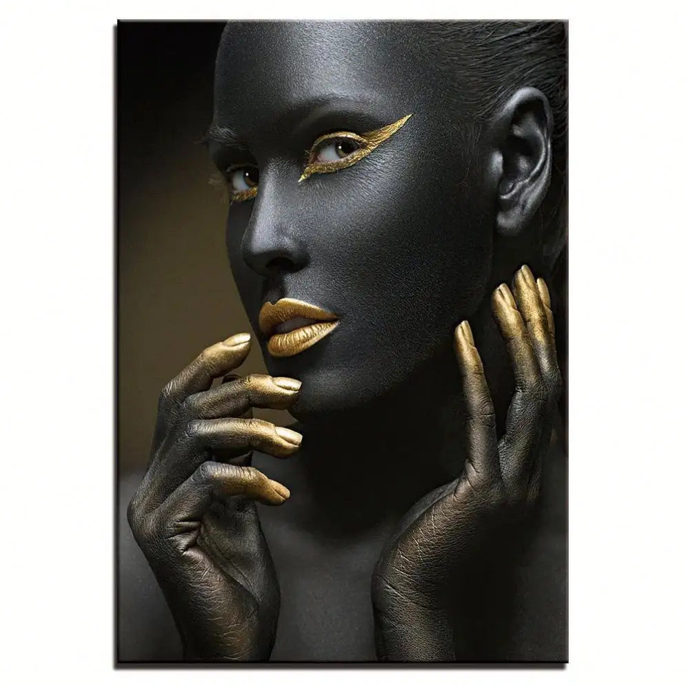 Frameless black nude African woman with gold fingers and lips canvas painting wall art makeup woman home decoration gift
