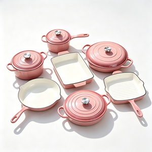 Batterie de cuisine en fonte émaillée 7 pièces, compatible <span class=keywords><strong>four</strong></span>, cocotte et poêle, durable, écologique, antiadhésive, pour cuisinière à induction et gaz - Product Image 2