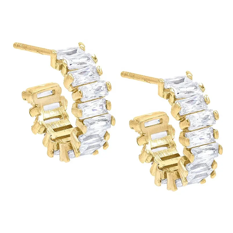 Gemnel bride jewelry custom 925 silver women 18K gold baguette cubic zirconia hoop wedding earrings