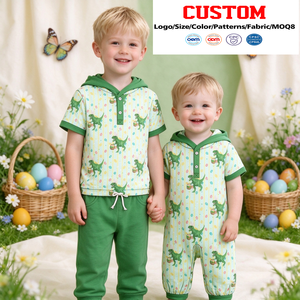 Conjuntos de Ropa para Bebés Niños, Estilo Boutique, con Estampado de Huevos de Dinosaurio y Rayas, Camiseta de Seda de Leche, Ropa para Niños Pequeños, Venta al Por Mayor de Fábrica - Product Image 1