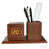 Horloge numérique de table avec porte-stylo et porte-crayon, affichage LED de la date et de la température, activation vocale, luminosité réglable, pour enfants et amis