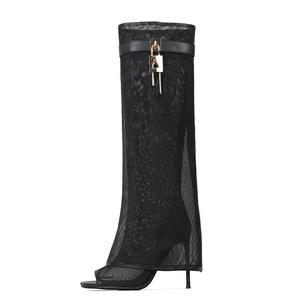 Fishnet Overlay Knee High <b>Boots</b> Women Mesh Pants High Heels Stiletto Metal Shark Lock Summer Shoes Peep Toe Sandals - Product Image 2