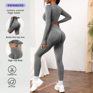 Ensemble <span class=keywords><strong>de</strong></span> pantalons <span class=keywords><strong>de</strong></span> fitness européens américains d'automne et d'hiver en tricot transfrontalier Costume <span class=keywords><strong>de</strong></span> yoga en maille à manches longues solide - Product Image 1