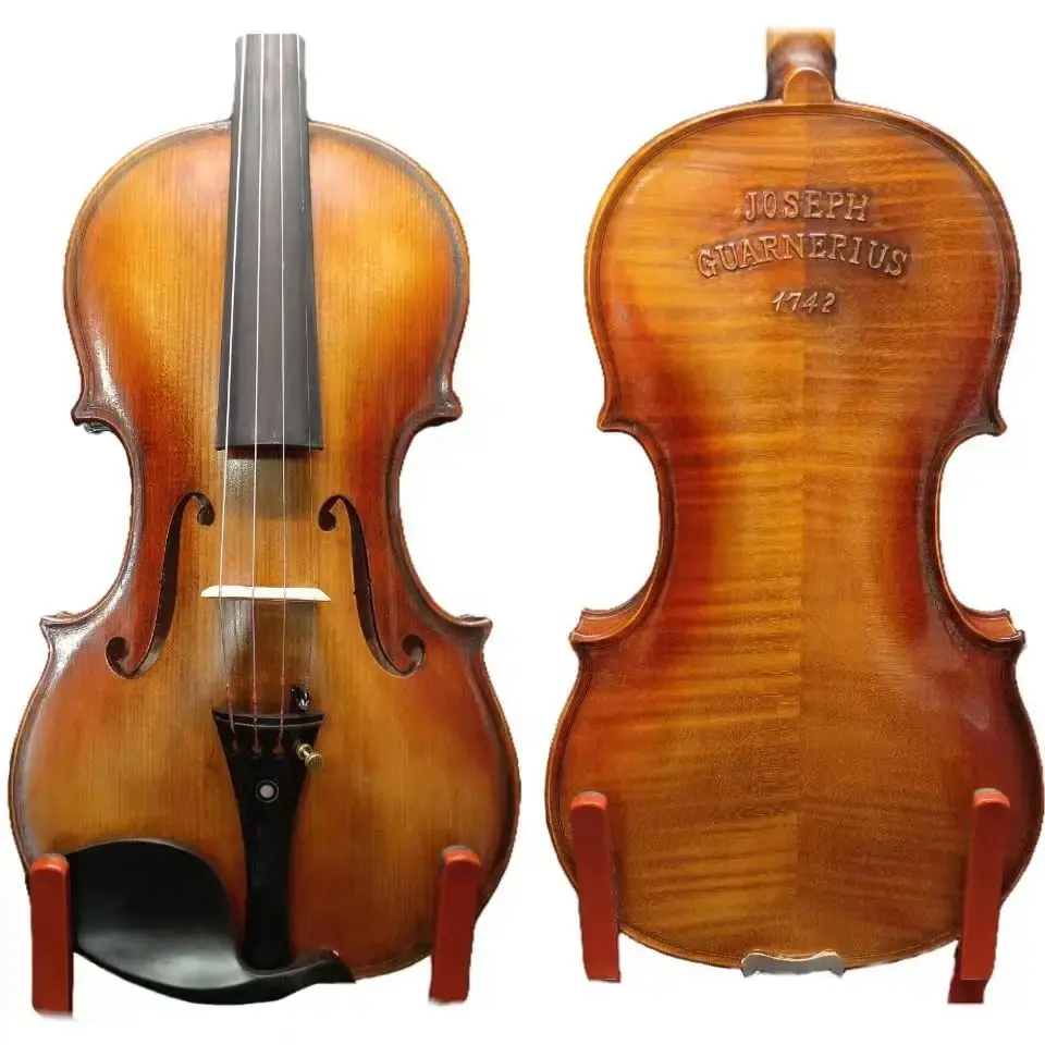 Violino Guarneri 4/4 feito à mão modelo 1742 com costas de bordo em forma de abeto maciço esculpido à mão por luthier experiente