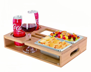 便利な竹製木製カウチスナックキャディトレイカップホルダー付き収納長方形シュリンクラップ包装食品用 - Product Image 1