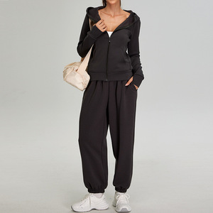 2025 Dames Comfortabele Oversized Zip Hoodie Jack en Korte Sweatpants Effen Kleur 2-delige Trainingspak Set - Product Image 5