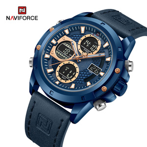 NAVIFORCE 9225 BEBEBE Montre à quartz pour homme en cuir véritable bleu, grand cadran, sport, aiguilles lumineuses, montre-bracelet étanche - Product Image 1