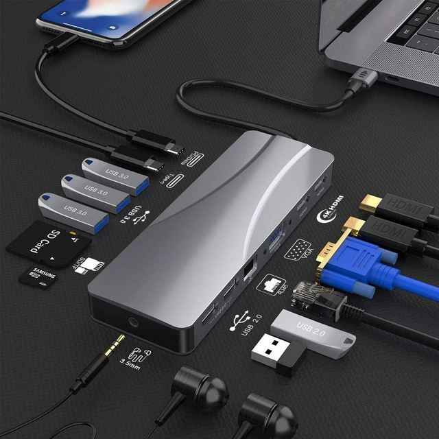 3 Monitor Dual Displaylink Docking Station RJ45 Network Adapter Powered USB Type C Hub