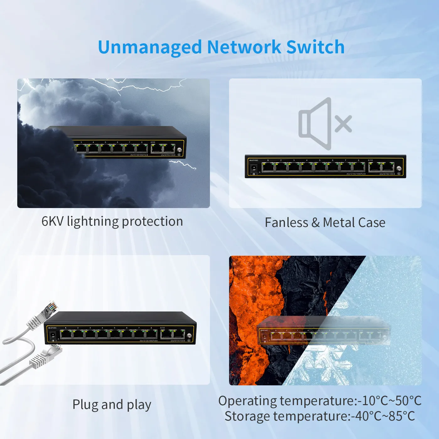 금속 디자인 10 포트 기가비트 PoE 스위치 IEEE 802 호환 가능. 3af/at 장치, 관리되지 않는 PoE 스위치 플러그 앤 플레이, 팬리스