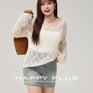 Happy Plus Top de punto hueco para mujer, manga larga, corte holgado, color blanco, informal, talla grande, tejido suave N8920 - Product Image 3