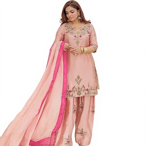 Pink Embroidered <b>Silk</b> <b>Kurta</b> Set With Net Dupatta Women Traditional Ethnic Indian Pakistani Wedding Wear Loose Fit Ankle-Length - Product Image 1