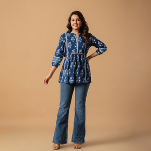 Top/Kurta de Algodón con Estampado Floral Azul para Mujer, Corte Regular, Largo Regular, Estilo Informal para Fiestas, Estilo India Pakistán, Secado Rápido - Product Image 1