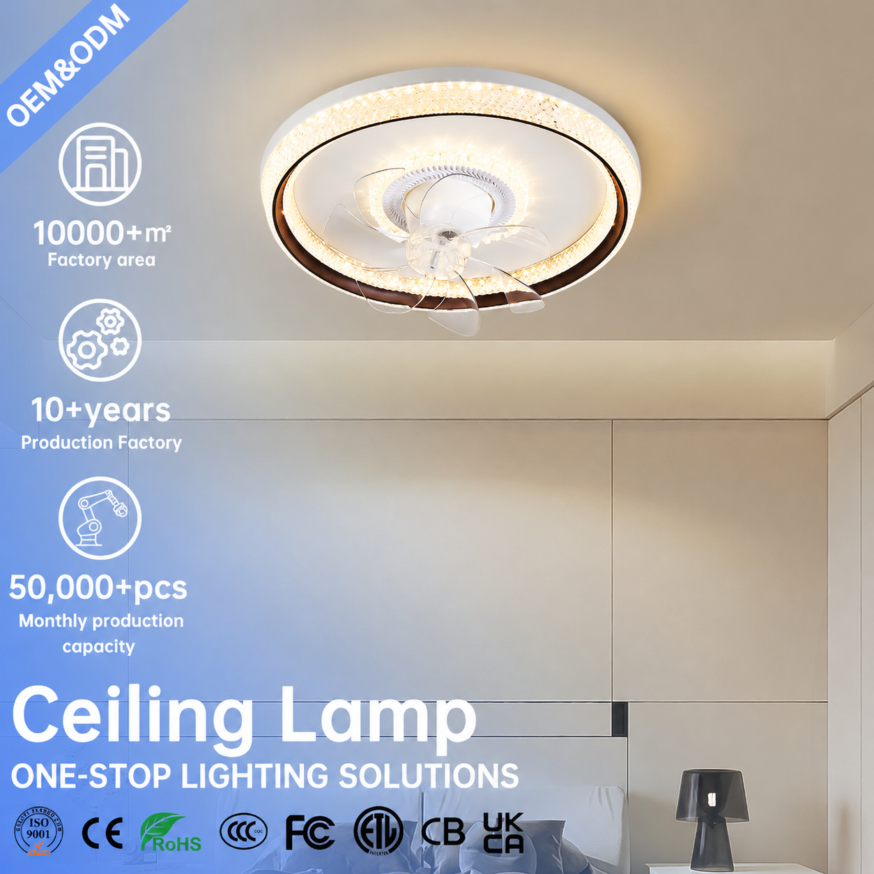 Modern Acrylic Iron Ceiling Fan with Light Flush Mount LED Ceiling Light Invisible Ceiling Fan Lamp for Bedroom Living Room OEM
