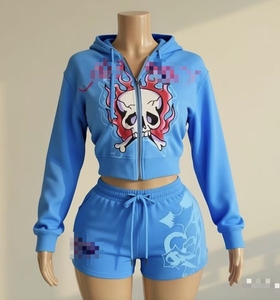 Completo da <span class=keywords><strong>donna</strong></span> 2 pezzi Cute Ed con stampa a lettere Hardy: Felpa con cappuccio e zip, top corto e gonna con coulisse - Product Image 4