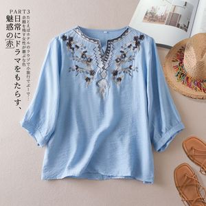 Summer Embroidered Cotton Linen Blouse Women V-Neck Loose Mid Sleeve Casual Vintage Top Blue - Product Image 1