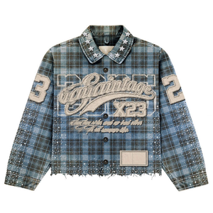 Custom Boxy Cropped <b>Shirt</b> Long Sleeve Diamond Rhinestone Embroidery Distressed Polo <b>T</b>-<b>shirt</b> Button up Flannel <b>Shirt</b> Men - Product Image 2
