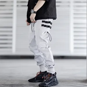 Pria Logo Cetak 100 Polyester Overall Streetwear Longgar Kantong Kargo Celana Reflektif Mens Jogging Sweat Pants