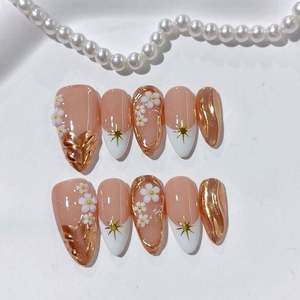 Vente en gros de faux ongles à presser en acrylique faits main, de luxe, dégradés, forme cercueil/amande, haut de gamme, élégants, style crémeux - Product Image 2