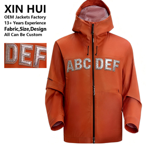 Custom Luxury Dyed <b>Rhinestone</b> Letters Men's Winter Long Techwear <b>Jacket</b> Hooded Waterproof Windbreaker Streetwear Hip Hop Orange - Product Image 1