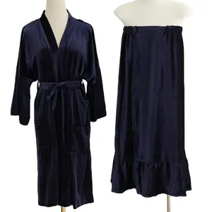 Dark blue Coral Kaftans Unisex Men Women Solid Lightness Full Sleeve Flannel Fleece Sleep Lounge Robes Lover Bathrobe Robe Dress