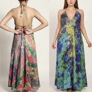 Vestido maxi elegante de seda 100% con efecto tie-dye, cuello en V, bordado floral, largo hasta el suelo, vestido de noche, venta al por mayor en línea, estilo indio. - Product Image 1