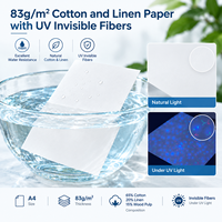 Papier de sécurité 83 g/m² avec fibres UV invisibles, coton et lin, imperméable, amidonné, 65 % coton, 20 % lin, 15 % bois, inviolable, vierge, 100 pièces