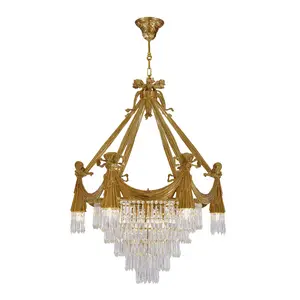 French Luxury All-Copper Crystal Lamp Villa Hotel Duplex Floor LED Light Living Dining Study Handmade Lost Wax Bow Chandelier