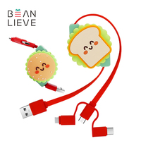 Câble de charge rétractable 4 en 1 personnalisé, câble de charge rétractable multi-ports pour téléphone USB 4 en 1, câble de charge rétractable mignon en forme de pain de dessin animé