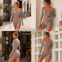 Conjunto de Dos Piezas Personalizado para Mujer, Top Corto con Cuello Halter y Manga Larga Acanalada, y Pantalones Cortos, Ropa Deportiva para Gimnasio y Fitness