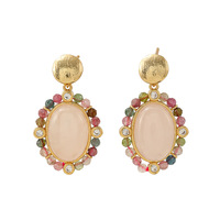 Anting-anting gantung batu permata alami buatan tangan bergaya boho, berlapis emas retro, oval, kristal, perhiasan vintage untuk wanita