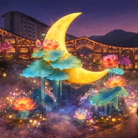 Lanternes paysagères en forme de croissant de lune doré et de lotus, décoration orientale pour centres commerciaux haut de gamme et expositions de la mi-automne