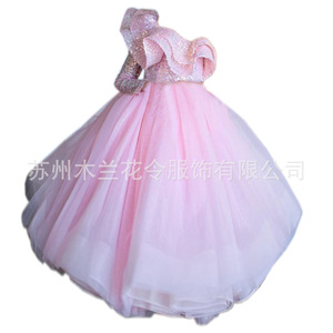 S0257RChildren's Flower One-shoulder Mid-length Fashionable Flower Girl Bridesmaid Little Host Princess Exquisite Dress <b>pink</b> - Product Image 6