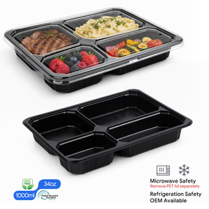 Contenedor de Alimentos de 1000 ml con 4 Compartimentos, Bandeja de PP Negra Personalizable con Logotipo, con Tapa Transparente de PET Sellable para Mariscos y Frutas - Product Image 1