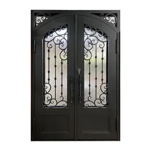 高品质豪华设计无锈锻铁和玻璃门主入口前铁门设计
