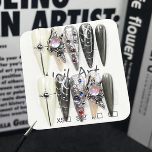 TSZS özel etiket uzun Stiletto yanlış çivi 3D el yapımı Ombre akrilik çivi üzerinde basın kullanımlık çivi ile lüks Rhinestones - Product Image 2