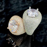 Bague unisexe tendance en gros, nouvelle, grande, en zircon, style hip-hop européen, polyvalente, avec incrustation de cuivre en forme d'œuf de pigeon, plaquée or, pour usage quotidien