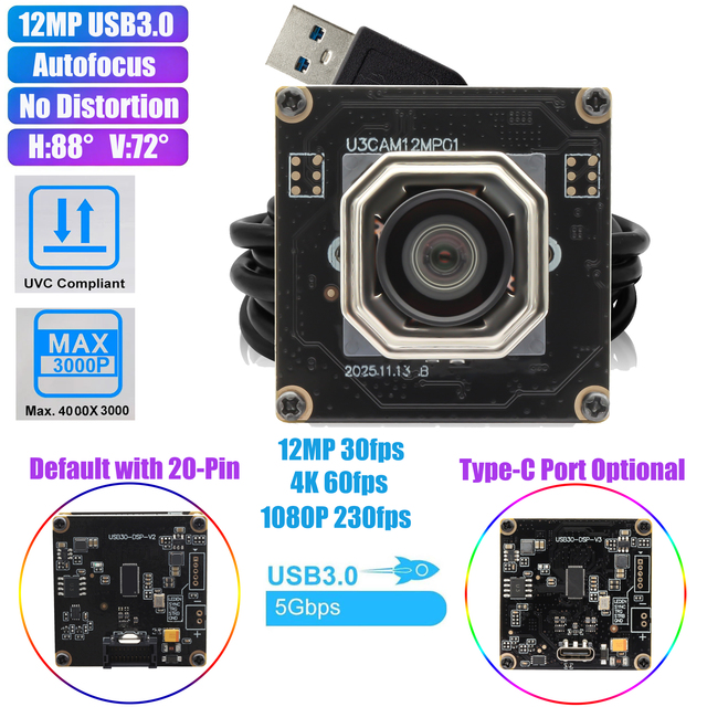 ELP 12MP Autofocus USB3.0 Webcam Module 4K 60FPS 1080P 230FPS 88° Distortion-Free UVC Driver Free Camera Module Linux Compatible