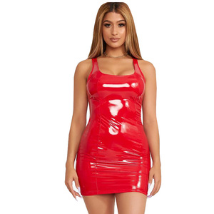 Logotipo personalizado sin mangas PU Mini vestido <span class=keywords><strong>de</strong></span> las mujeres Sexy Halter Bodycon vestido <span class=keywords><strong>de</strong></span> las señoras Night Club Party Clubwear Vestido corto <span class=keywords><strong>de</strong></span> cuero - Product Image 6