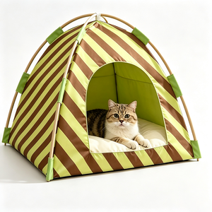Striped Oxford Fabric Pet Tent <b>Bed</b> With Removable Faux Fur Pad For Dogs Indoor All Seasons Collapsible Design - Product Image 6