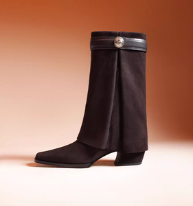 <span class=keywords><strong>Bottes</strong></span> montantes femme automne/hiver à enfiler, talon carré épais, bout pointu, en cuir véritable, rehaussantes, couleur unie - Product Image 1