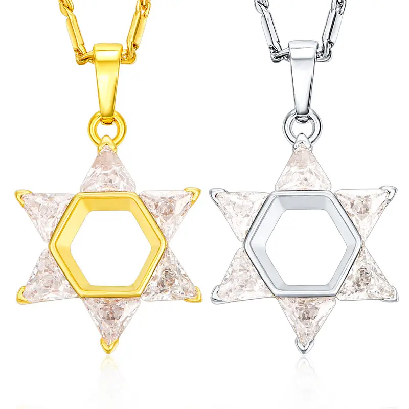High Quality 18K Gold Cubic Zirconia Diamond Israel Jewish Star Of David Pendant Necklace For Female